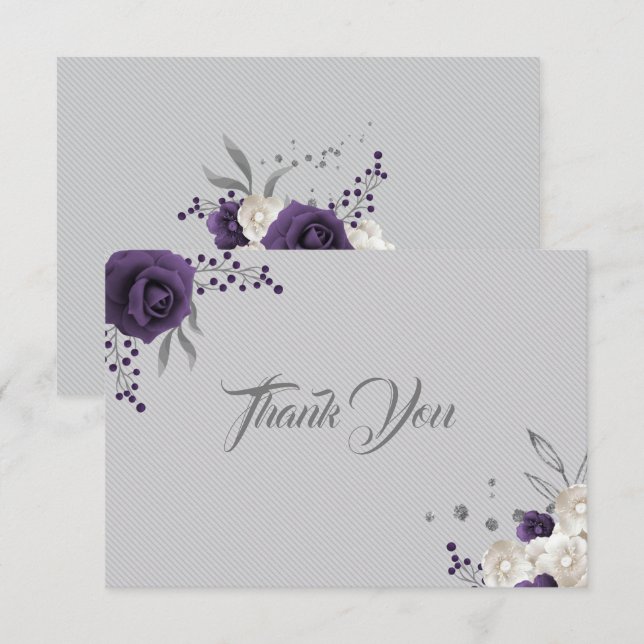 Dusty purple white flowers silver grey  thank you card (Front/Back)