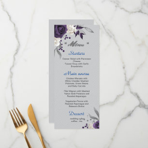 Dusty purple white flowers silver leaves wedding menu