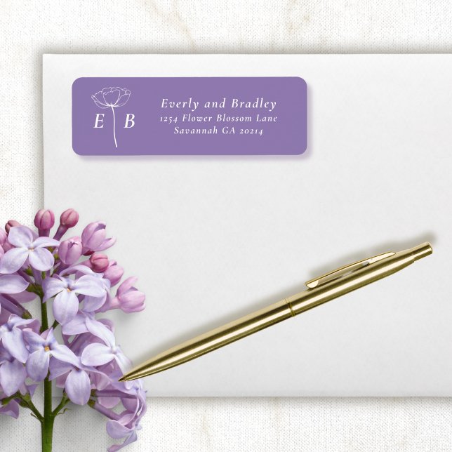 Dusty Purple White Monogram Floral Accent Address (Creator Uploaded)