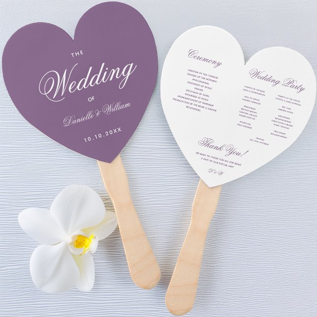 Dusty Purple White Script Wedding Program Heart  Hand Fan (Creator Uploaded)