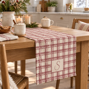 Dusty Red Cream Tartan Plaid Monogram Short Table Runner