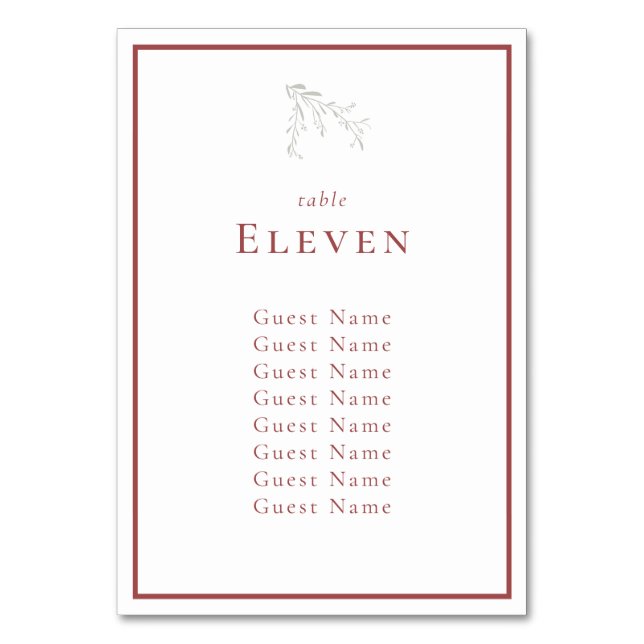 Dusty Red Leaves and Berries Table Seating Chart Number (Front)