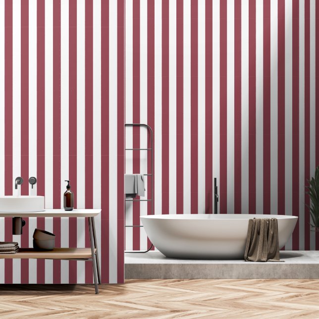 Dusty Red White 3 Inch Wide Circus Stripe Wallpaper (Bathroom)