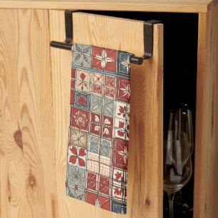 Dusty Red, White, Blue Country Tea Towel
