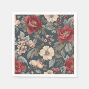 Dusty Red, White Blue Vintage Roses Napkin