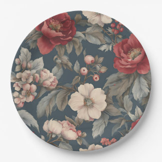 Dusty Red, White Blue Vintage Roses Paper Plate