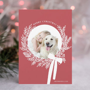 Dusty Red & White Christmas Wreath Minimal Photo Holiday Card