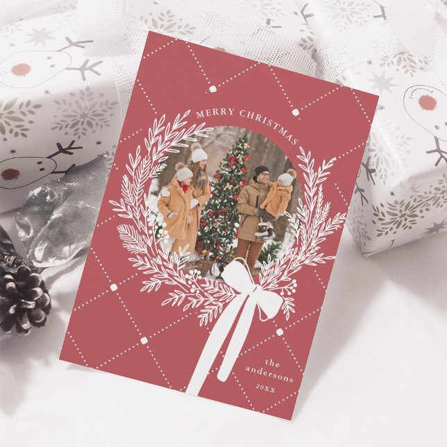 Dusty Red & White Christmas Wreath Photo  Holiday Card (Creator Uploaded)