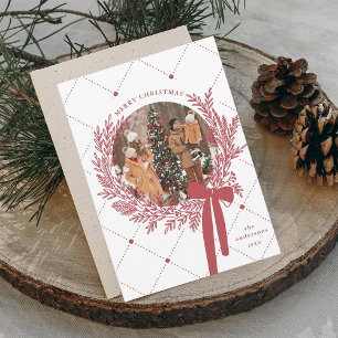 Dusty Red & White Christmas Wreath Photo Holiday Card