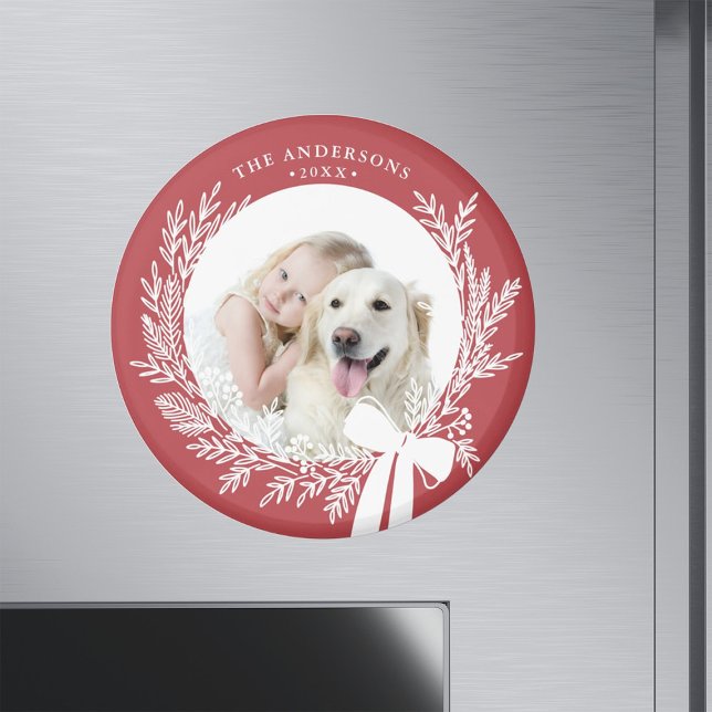 Dusty Red & White Simple Christmas Wreath Photo  Magnet (Creator Uploaded)