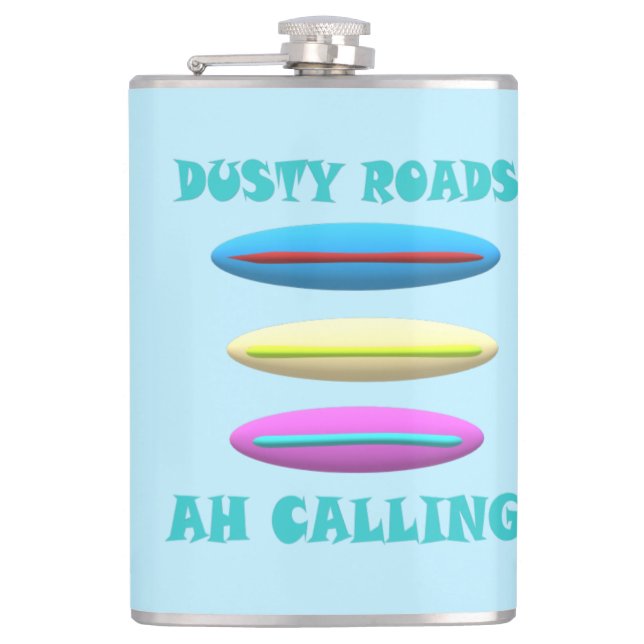 Dusty Road design pale blue with words Hip Flask (Front)