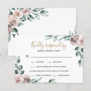 Dusty Rose 2 Meal Choice Greenery Floral Wedding RSVP Card
