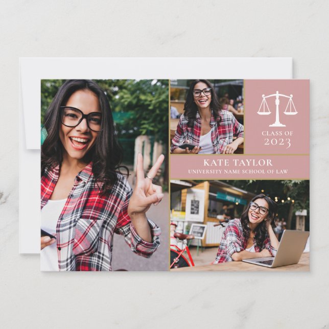 Dusty Rose 3 Photo Law School Graduation Party Invitation (Front)