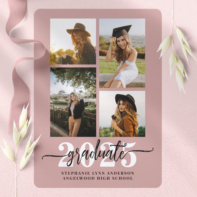 Dusty Rose 4 Photo Collage Grad Announcement (Creator Uploaded)
