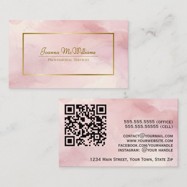 Dusty Rose Abstract Watercolor & Gold QR Code Business Card (Front/Back)