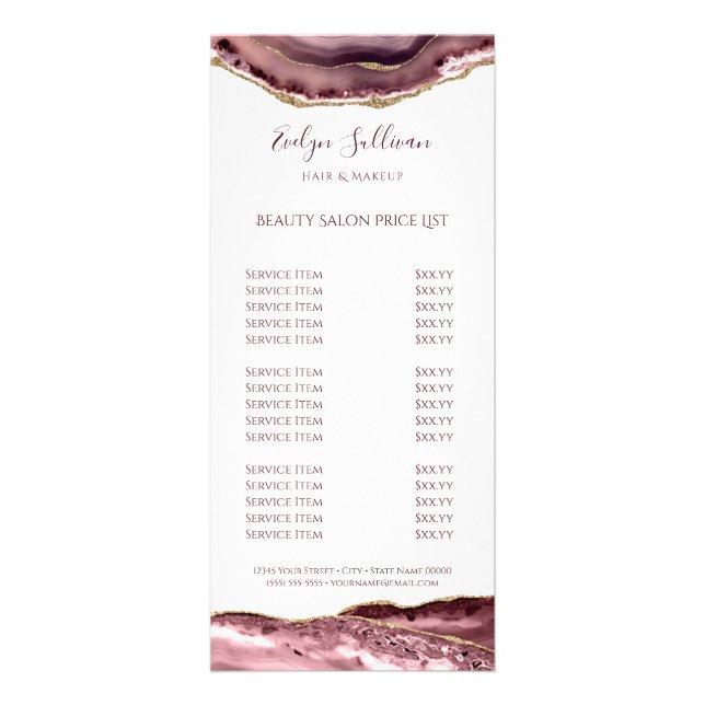 dusty rose agate price list rack card (Front)