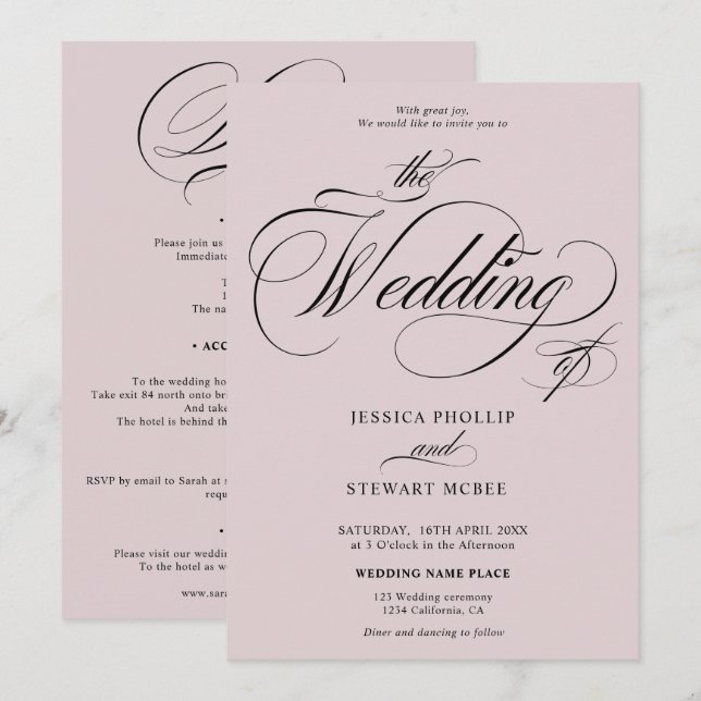 Dusty rose all in one calligraphy wedding invitation (Front/Back)