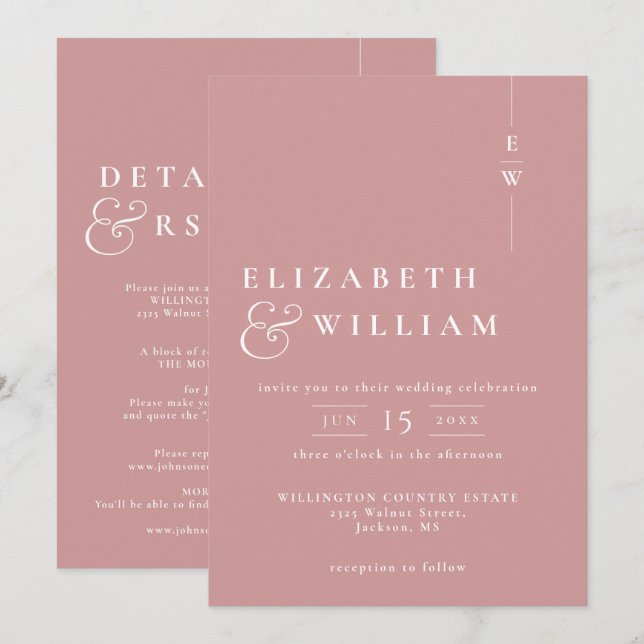 Dusty Rose All In One Modern Monogram Wedding Invitation (Front/Back)