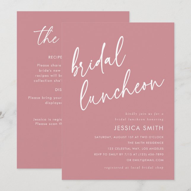 Dusty Rose All-in-One QR Code Bridal Luncheon Invitation (Front/Back)