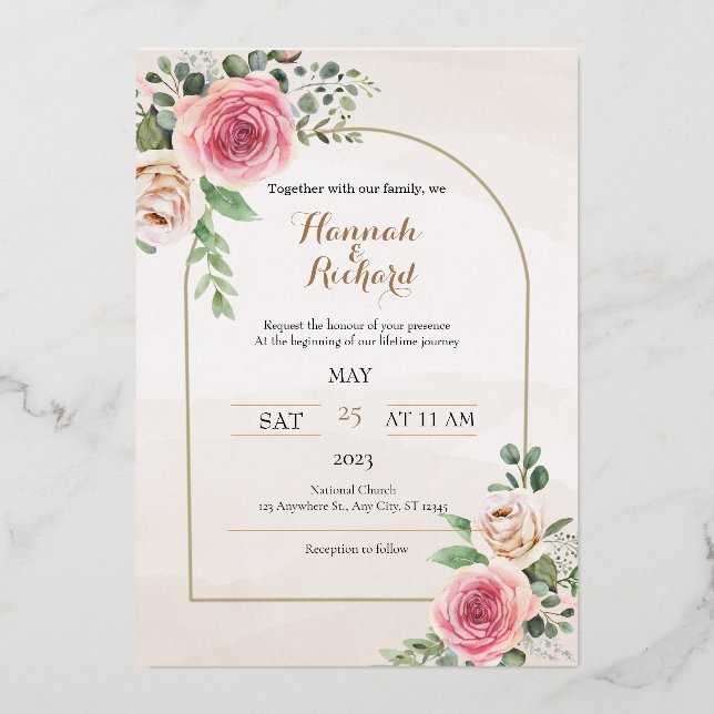 Dusty rose and blush floral weddingFoil Invitation (Front)