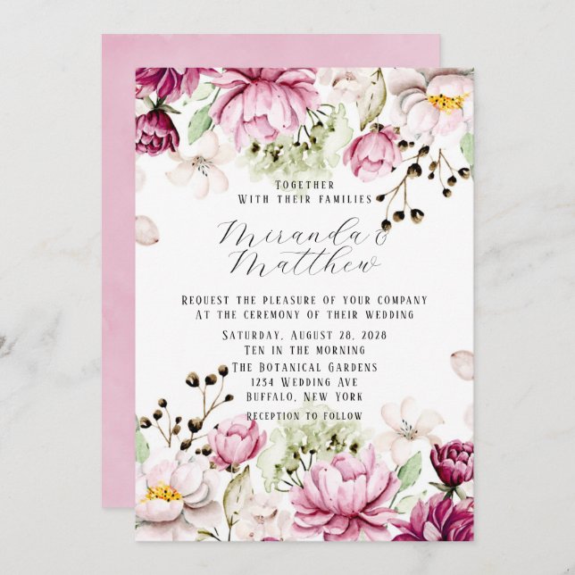 Dusty Rose and Blush Pink Paint Peony Wedding  Invitation (Front/Back)