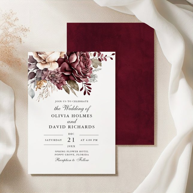 Dusty Rose and Burgundy Floral Boho Wedding Invitation (Dusty Rose and Burgundy Floral Boho Wedding Invitation on a silk tablecloth.)