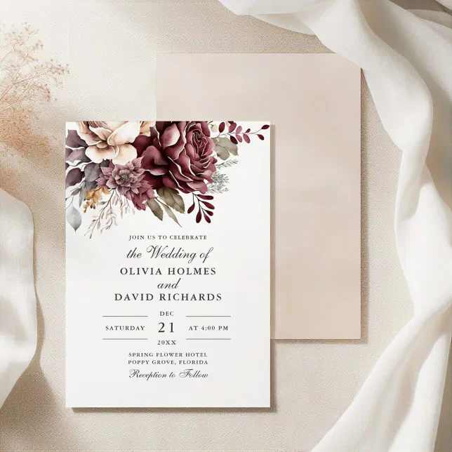 Dusty Rose and Burgundy Floral Boho Wedding Invitation | Zazzle