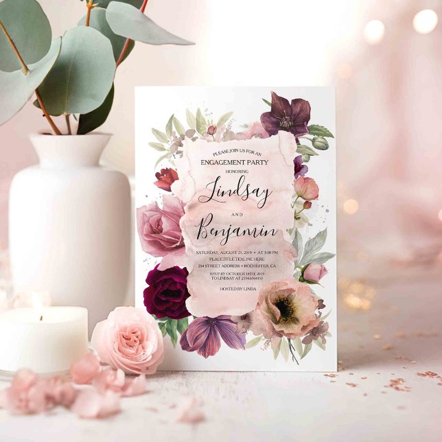 Dusty Rose and Burgundy Floral Engagement Party Invitation (Boho Blooms Burgundy Red and Pink Floral Engagement Party Invitations)