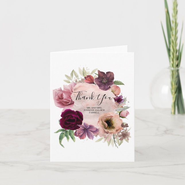 Dusty Rose and Burgundy Floral Thank You Card (Front)