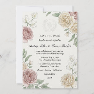 Dusty Rose and Cream Garden Rose Watercolor Invitation