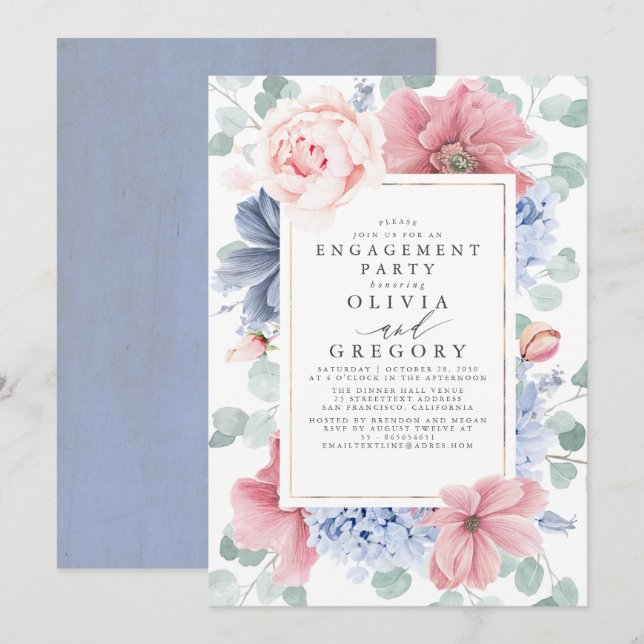 Dusty Rose and Dusty Blue Floral Engagement Party Invitation (Front/Back)