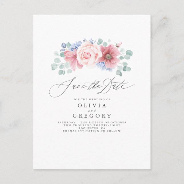 Dusty Rose and Dusty Blue Floral Save the Date Announcement Postcard (Front)