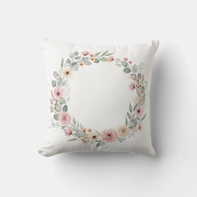 Dusty Rose and Eucalyptus Watercolor Floral Wreath Cushion (Front)