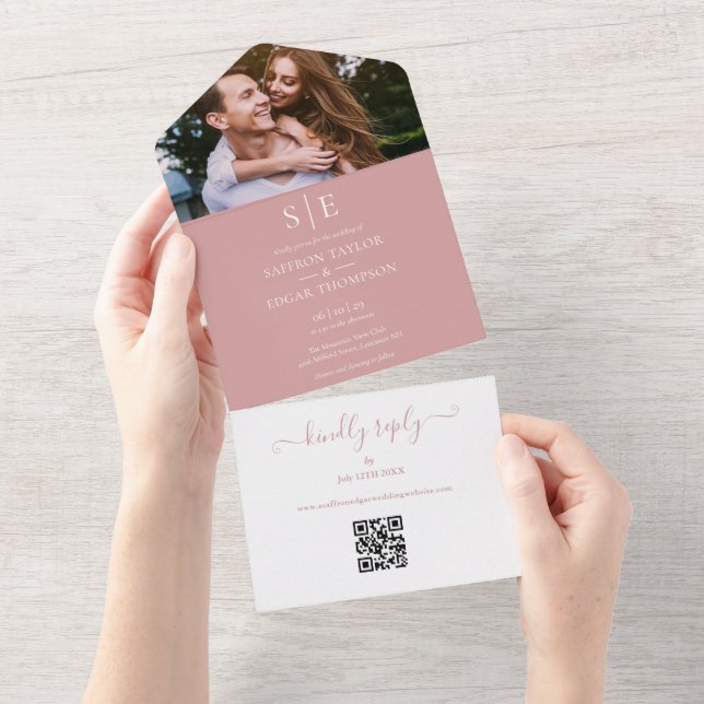Dusty Rose And Gold Monogram QR Code Photo Wedding All In One Invitation (Tearaway)