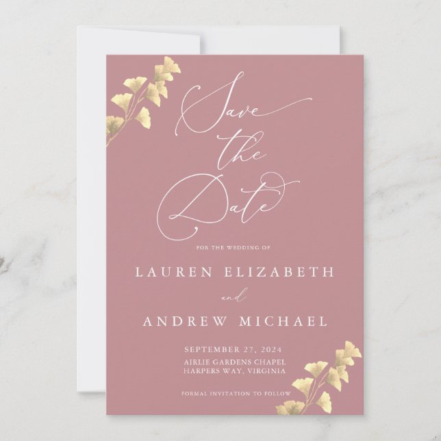 Dusty Rose and Gold Save the Date Invitation (Front)