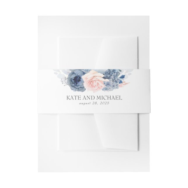 Dusty Rose And Navy Blue Floral Wedding Invitation Belly Band (Front Example)