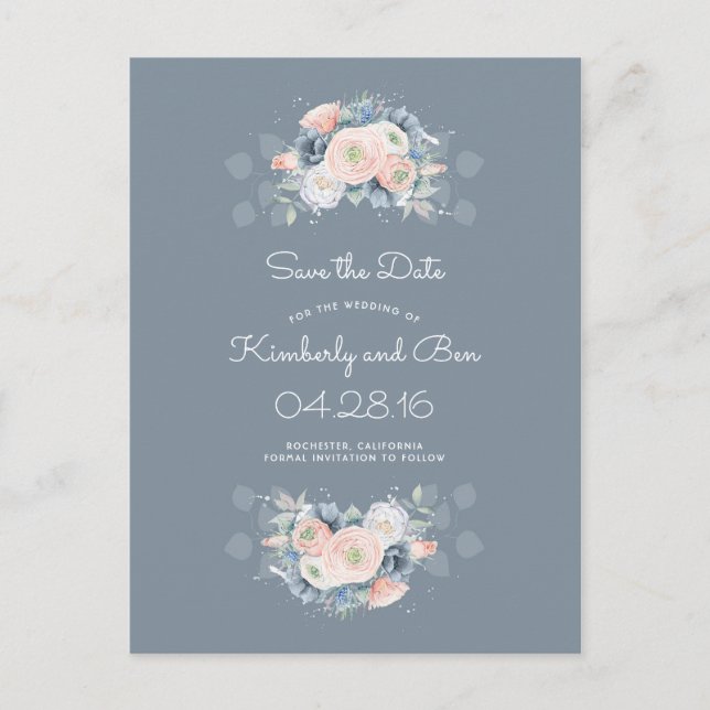 Dusty Rose and Pale Blue Floral Save the Date Announcement Postcard (Front)