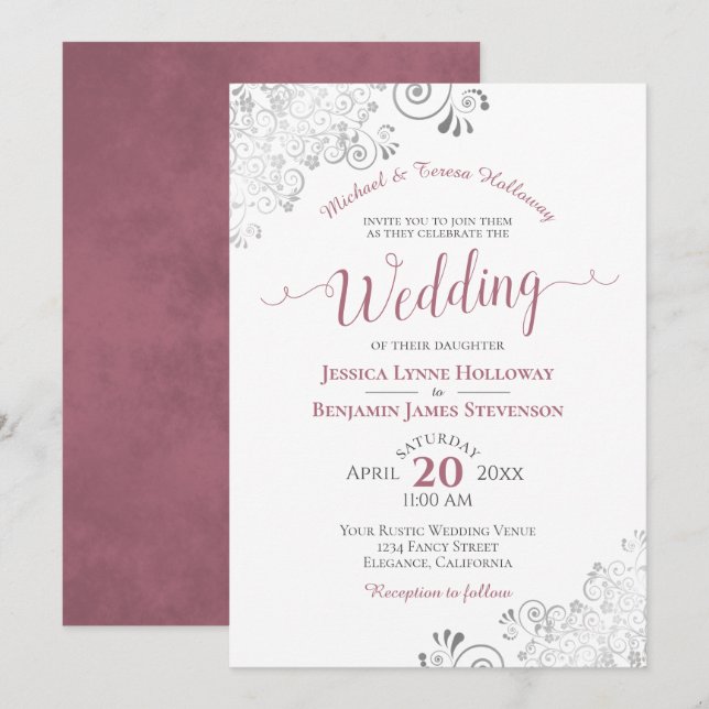Dusty Rose and Silver Lace Formal White Wedding Invitation (Front/Back)