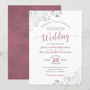 Dusty Rose and Silver Lace Formal White Wedding Invitation