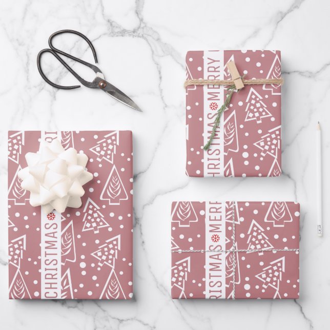 Dusty rose and white Christmas trees holiday Wrapping Paper Sheet (Front)