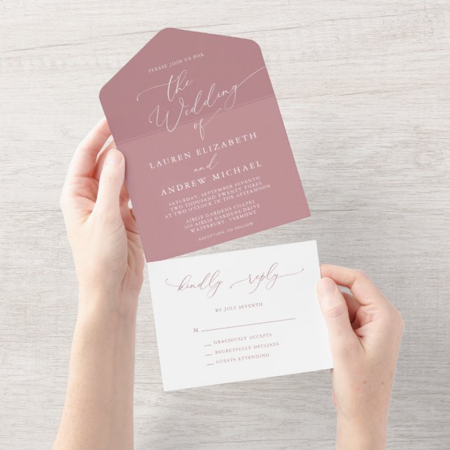 Dusty Rose and White Minimalist Wedding All In One Invitation (Tearaway)