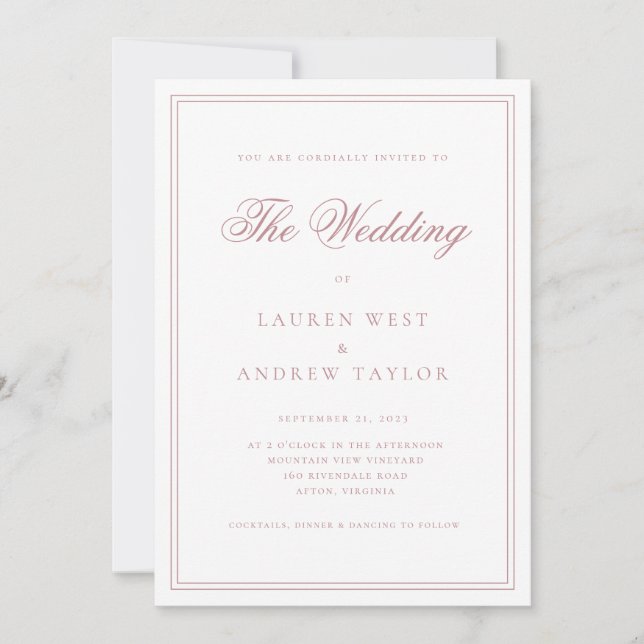 Dusty Rose and White Minimalist Wedding Invitation (Front)