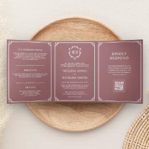 Dusty Rose and White Monogram QR Code Wedding Tri-Fold Invitation