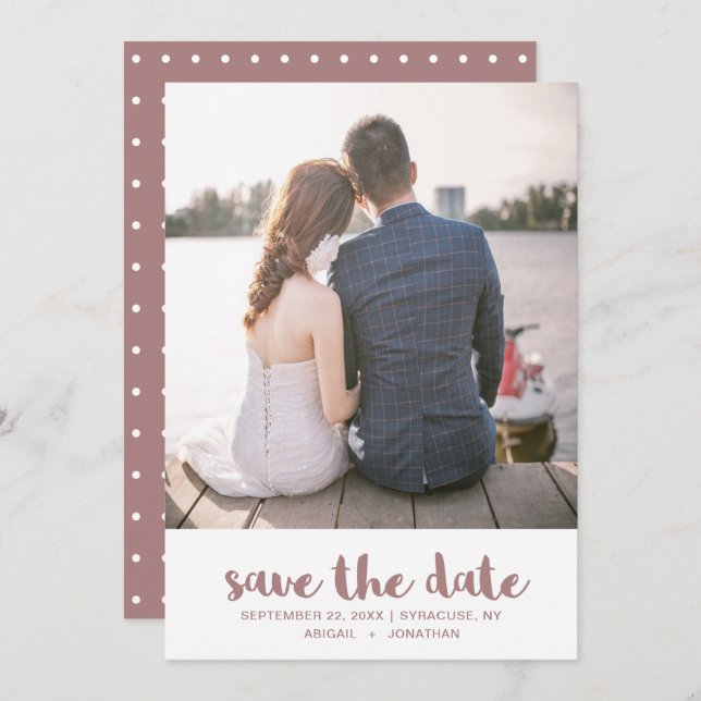 Dusty Rose and White Polka Dots Photo Save The Date (Front/Back)