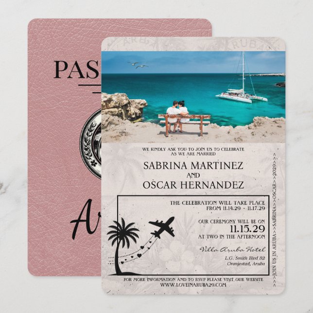 Dusty Rose Aruba Passport Wedding Invitation (Front/Back)