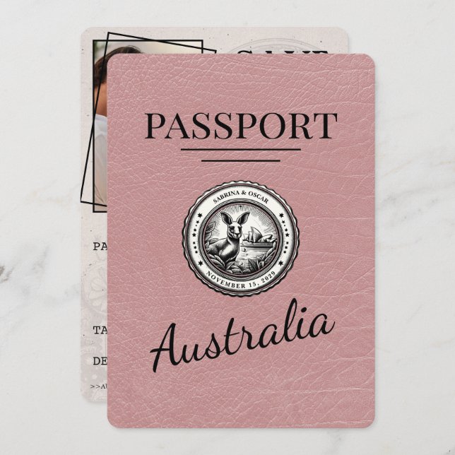Dusty Rose Australia Passport Save The Date (Front/Back)