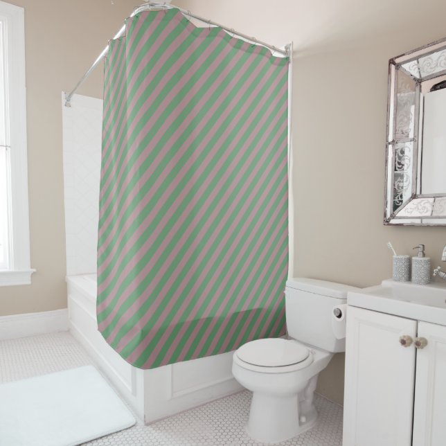 Dusty Rose B48E92 / Rosemary Green 699B72 Stripes Shower Curtain (In Situ)