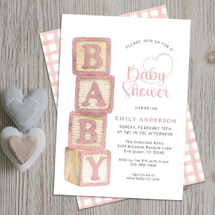 Dusty Rose Baby Blocks Baby Shower Cottage Gingham Invitation