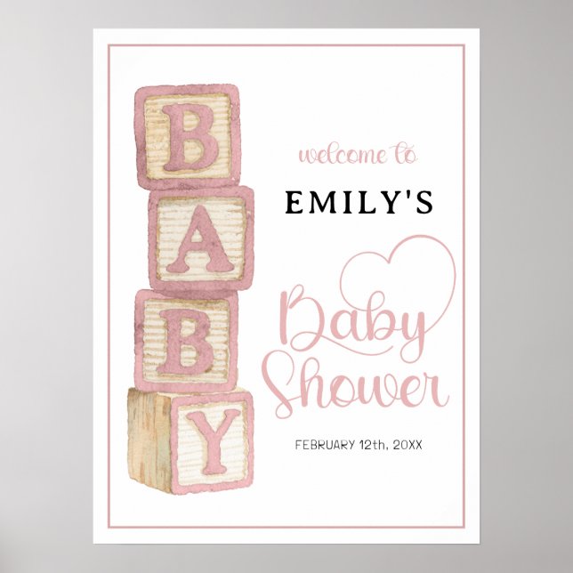 Dusty Rose Baby Blocks Baby Shower Welcome Poster (Front)