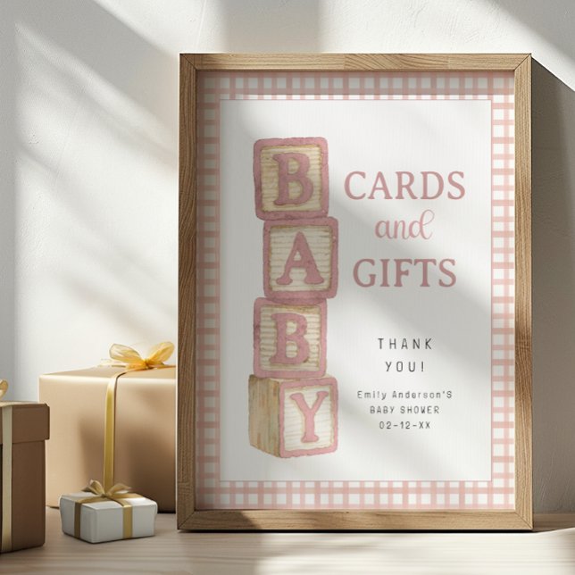 Dusty Rose Baby Blocks Cards and Gifts Baby Shower Poster (Cards and Gifts Baby Shower Sign)